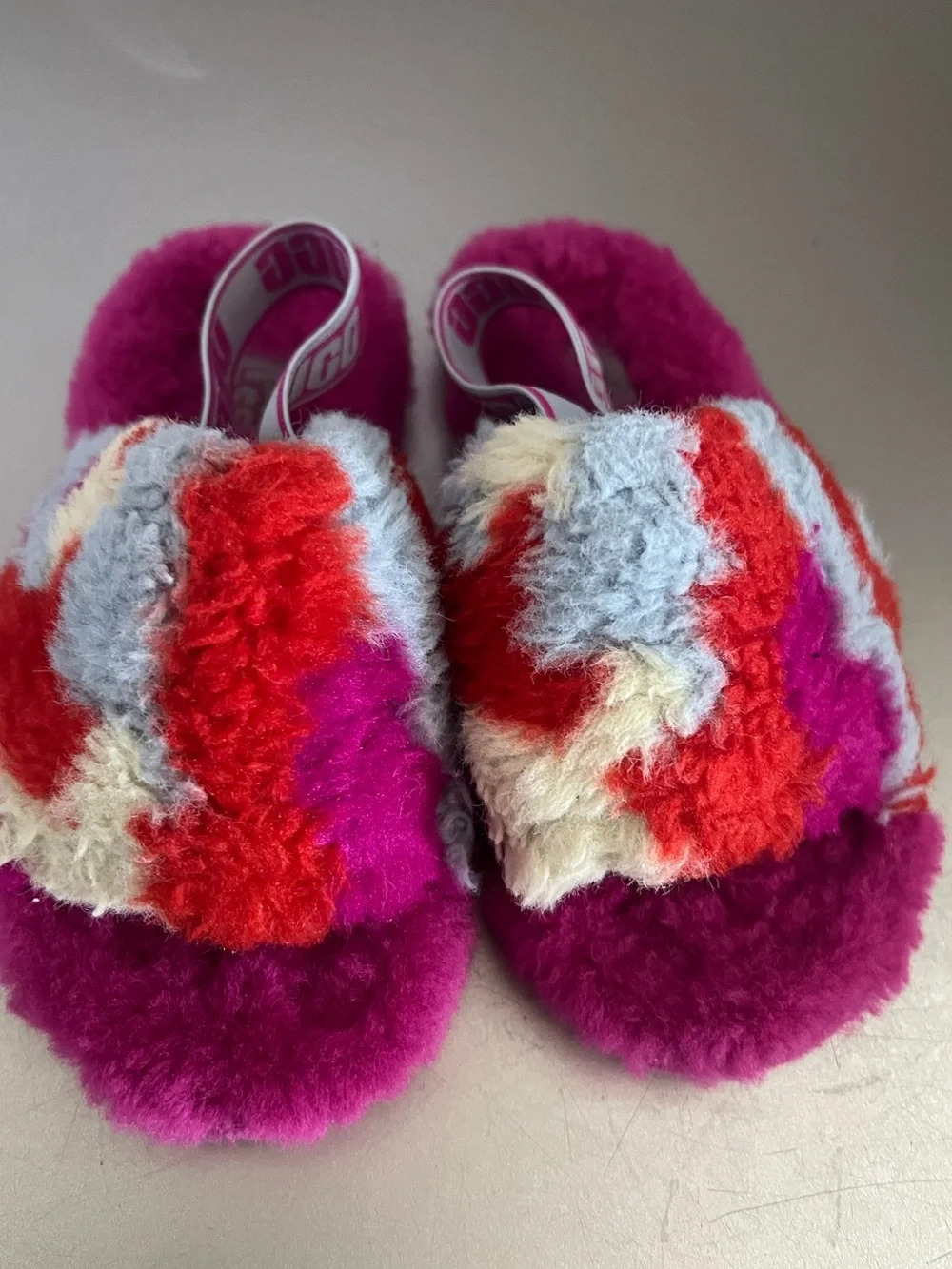 UGG Kids Fuzzy Slide Sandals in Pink, Red, Light Blue